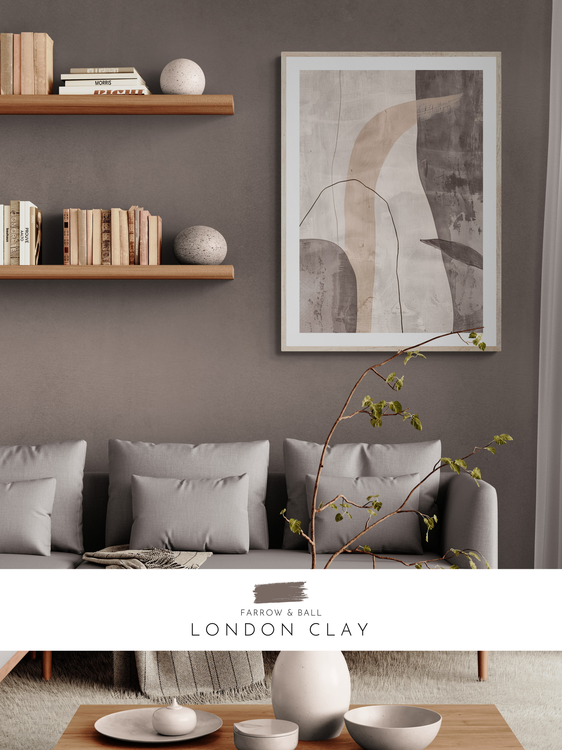 beige walls, brown lounge, moody, stylish decor, farrow and ball,