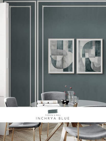 set of 2 prints, stylish dining room, moody dining room, moody walls, blue walls,