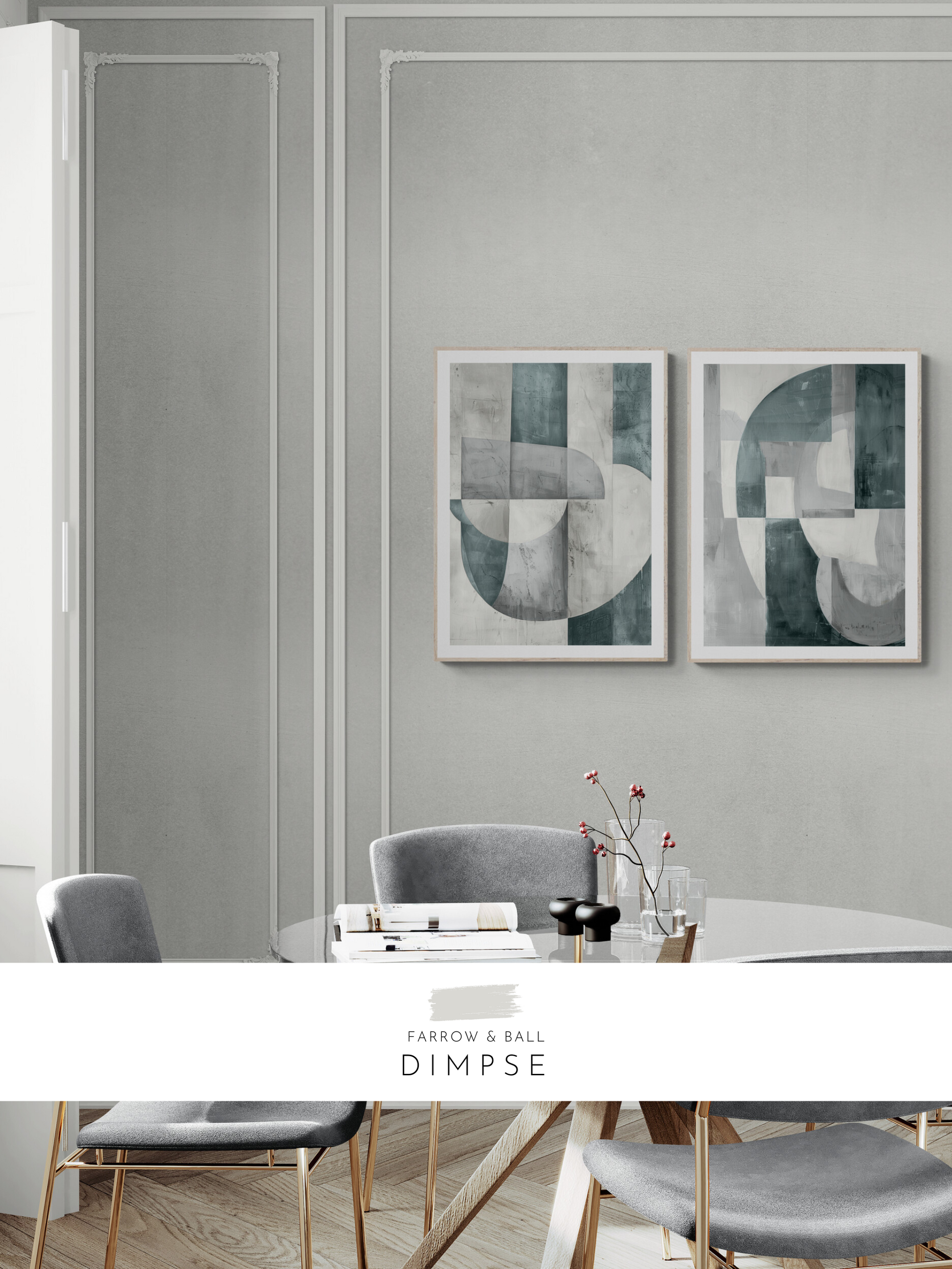 set of 2 prints, stylish dining room, neutral dining room, light walls, white walls, 