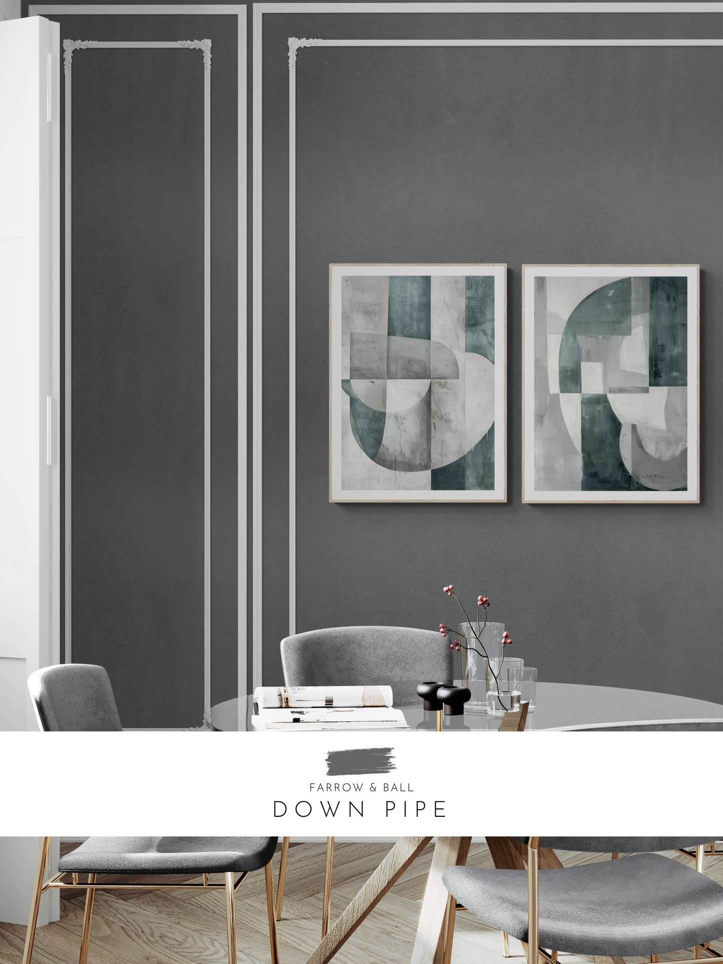 set of 2 prints, stylish dining room, moody dining room, moody walls, grey walls, gray walls, 