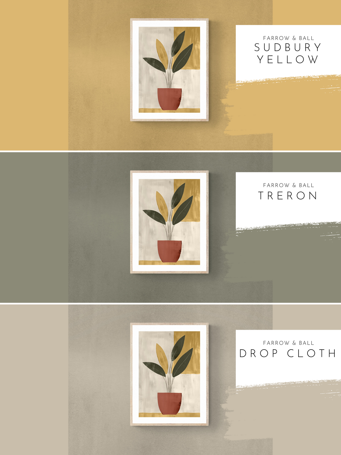 boho wall art, yellow walls, green walls, beige walls, plant print, farrow and ball