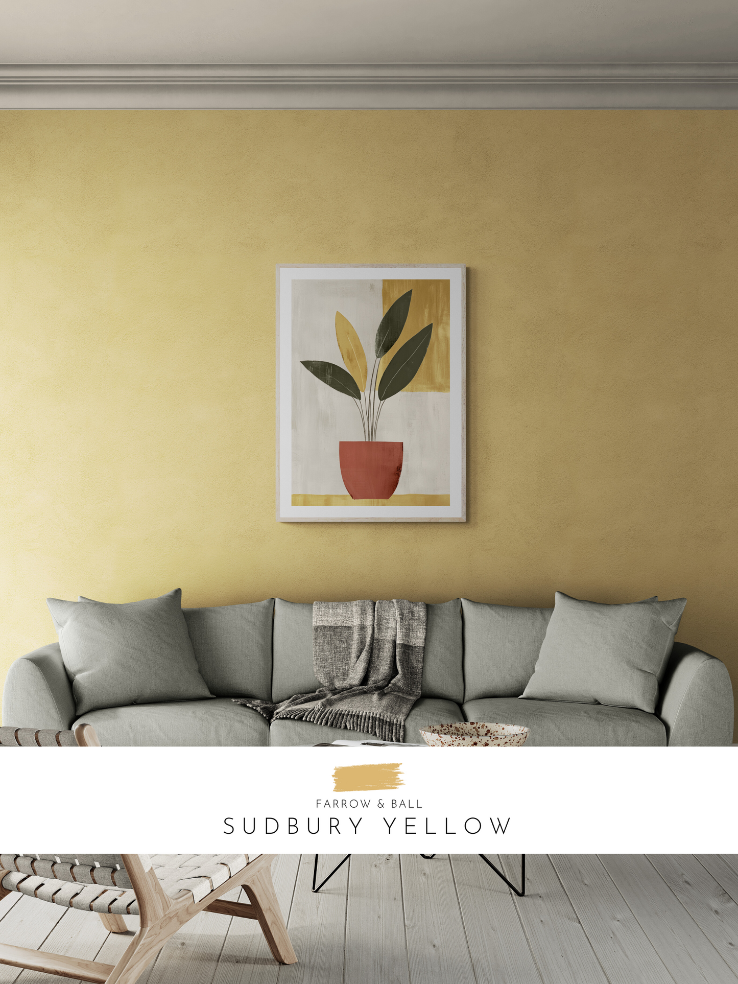 boho wall art, yellow decor, colourful lounge, plant print