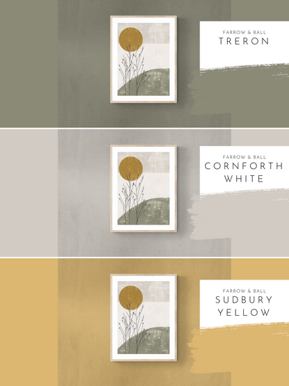 nature inspired art, green walls, white walls, neutral walls, yellow walls, farrow & ball,