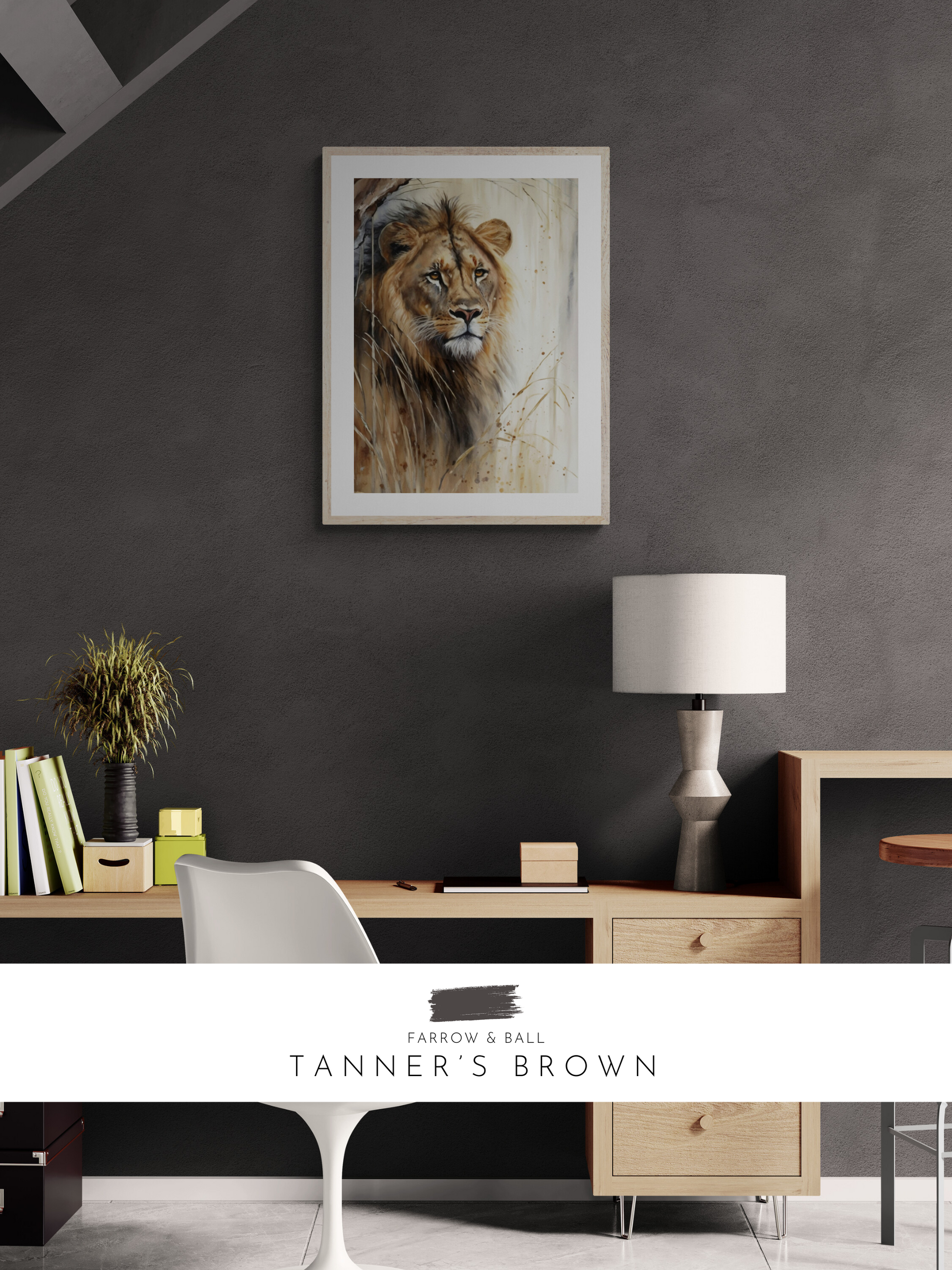 leader, lion print, brown wall, moody, stylish, farrow and ball