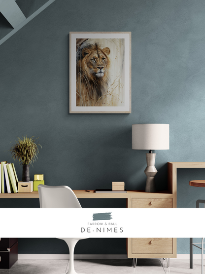 Leader, lion print, blue office, moody, farrow & ball, 