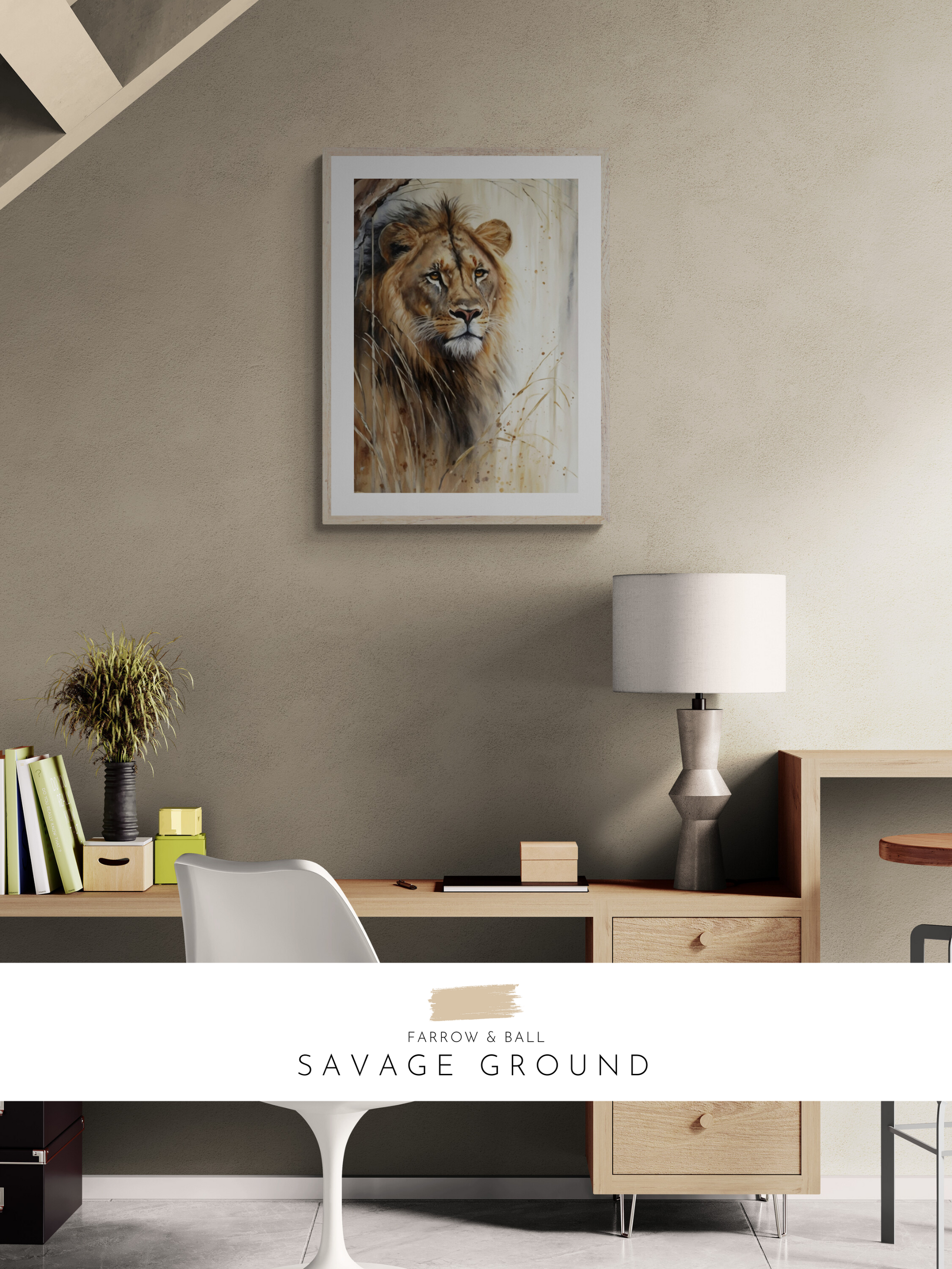 Leader, warm neutral, light office, farrow & ball, lion print