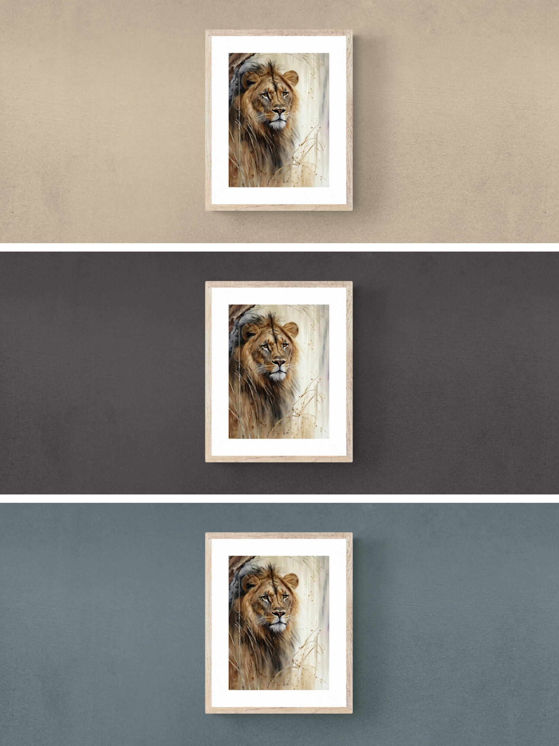 Leader,lion prints, blue, brown, beige wall colours