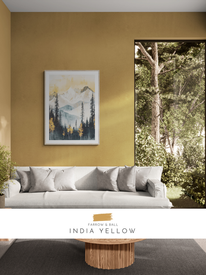 mountainscape, stylish lounge, living room print, modern, farrow & ball, yellow, colourful lounge,