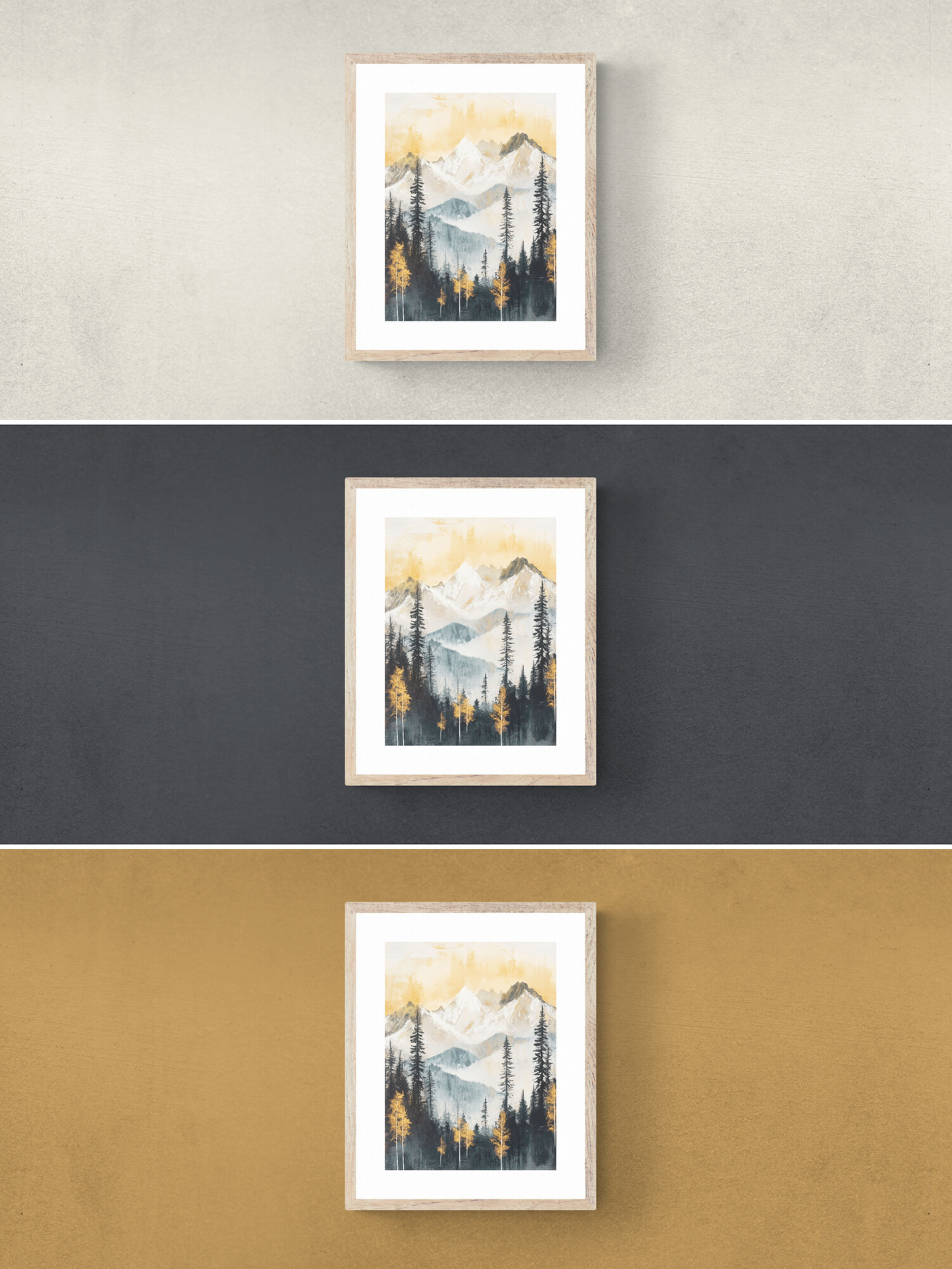 mountainscape, black walls, yellow walls, white walls, 