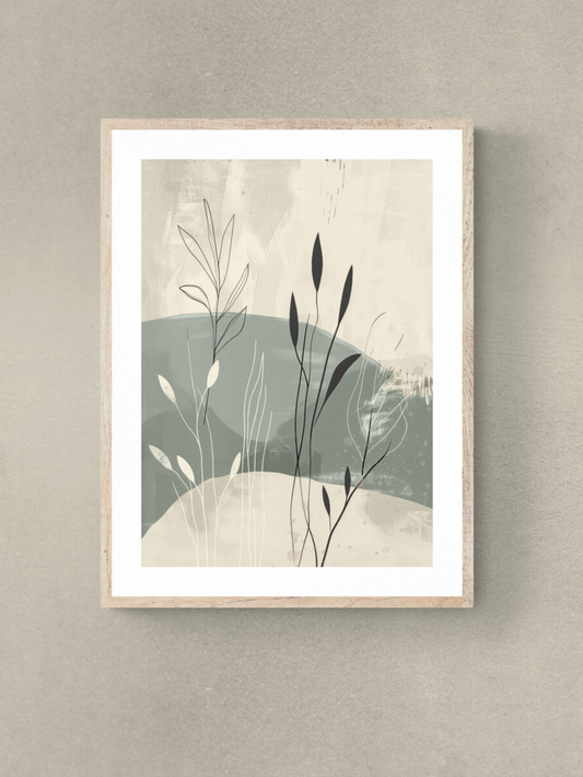 stylish foliage art, warm neutrals, shaded white