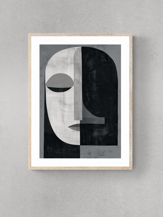 face abstract art, cool neutrals, whites, blackened