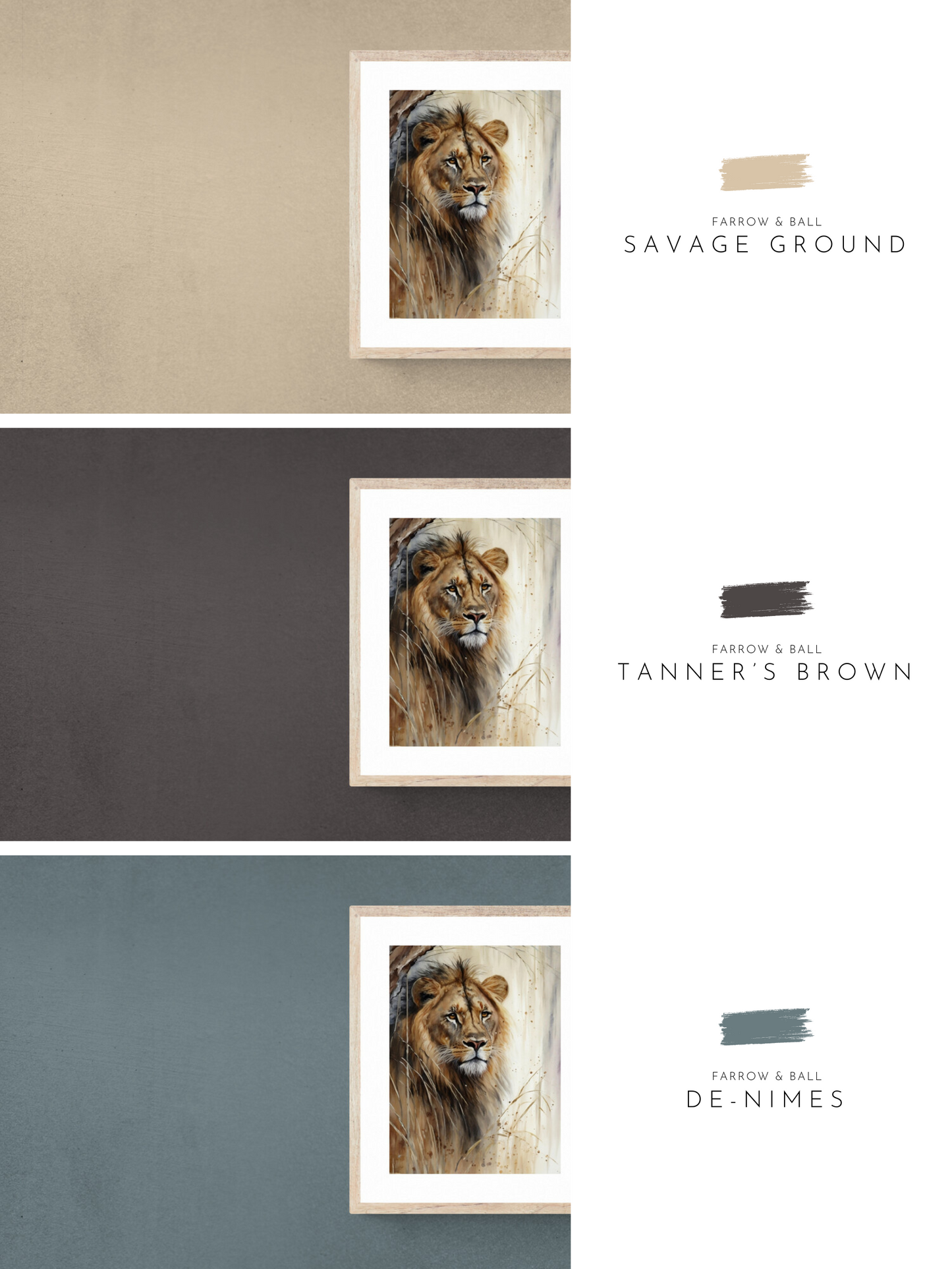 Leader,lion prints, blue, brown, beige wall colours, farrow & ball,